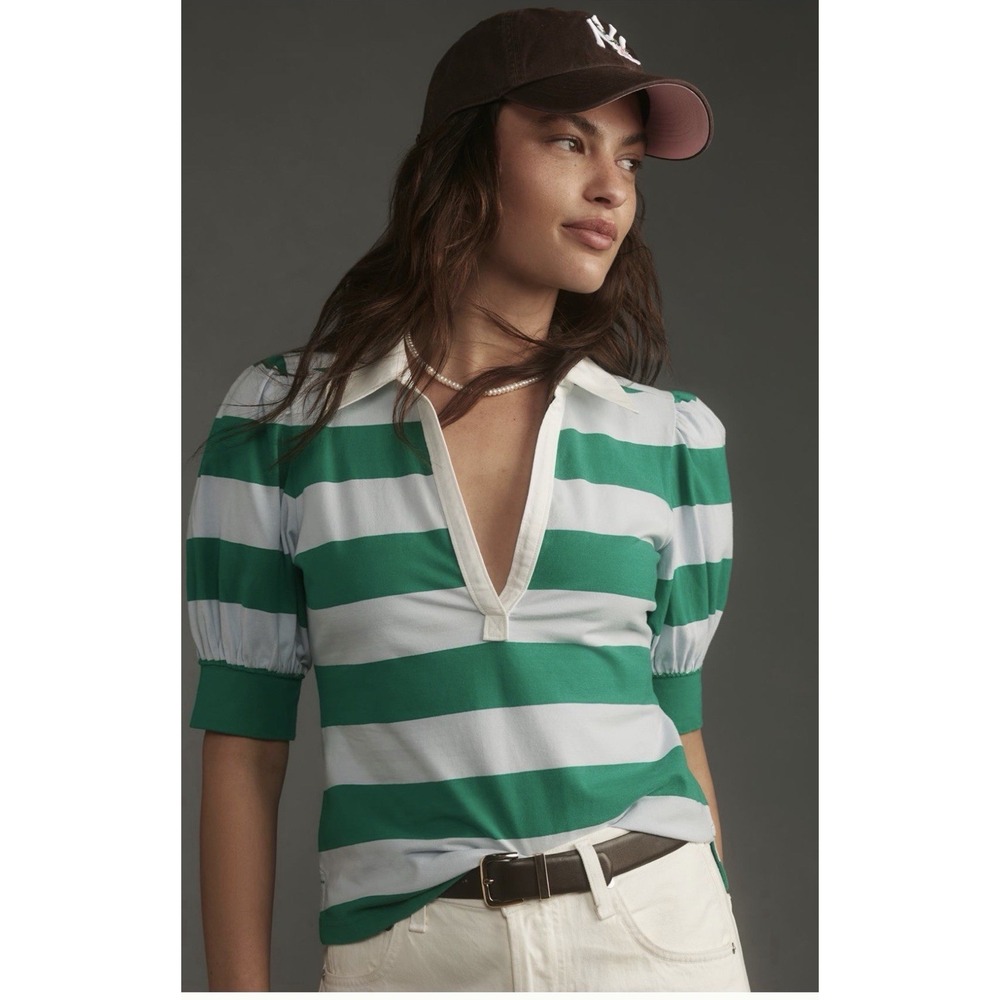 Maeve Anthropologie Puffed Sleeve Polo Shirt Sz L Striped Rugby Academia Preppy